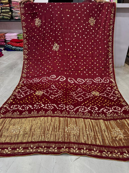 Bandhani With Pure Lagadi Patta With Hand Work Saree