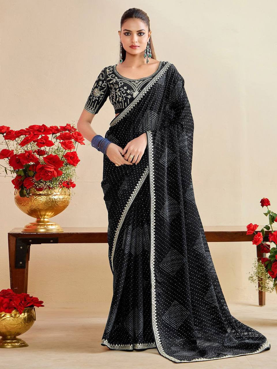 Moss Chiffon Silk Bandhani Saree