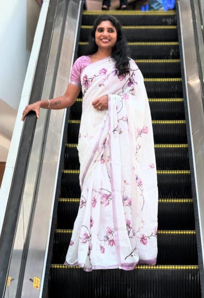 Linen Digital Print Saree with Gold Jari Border