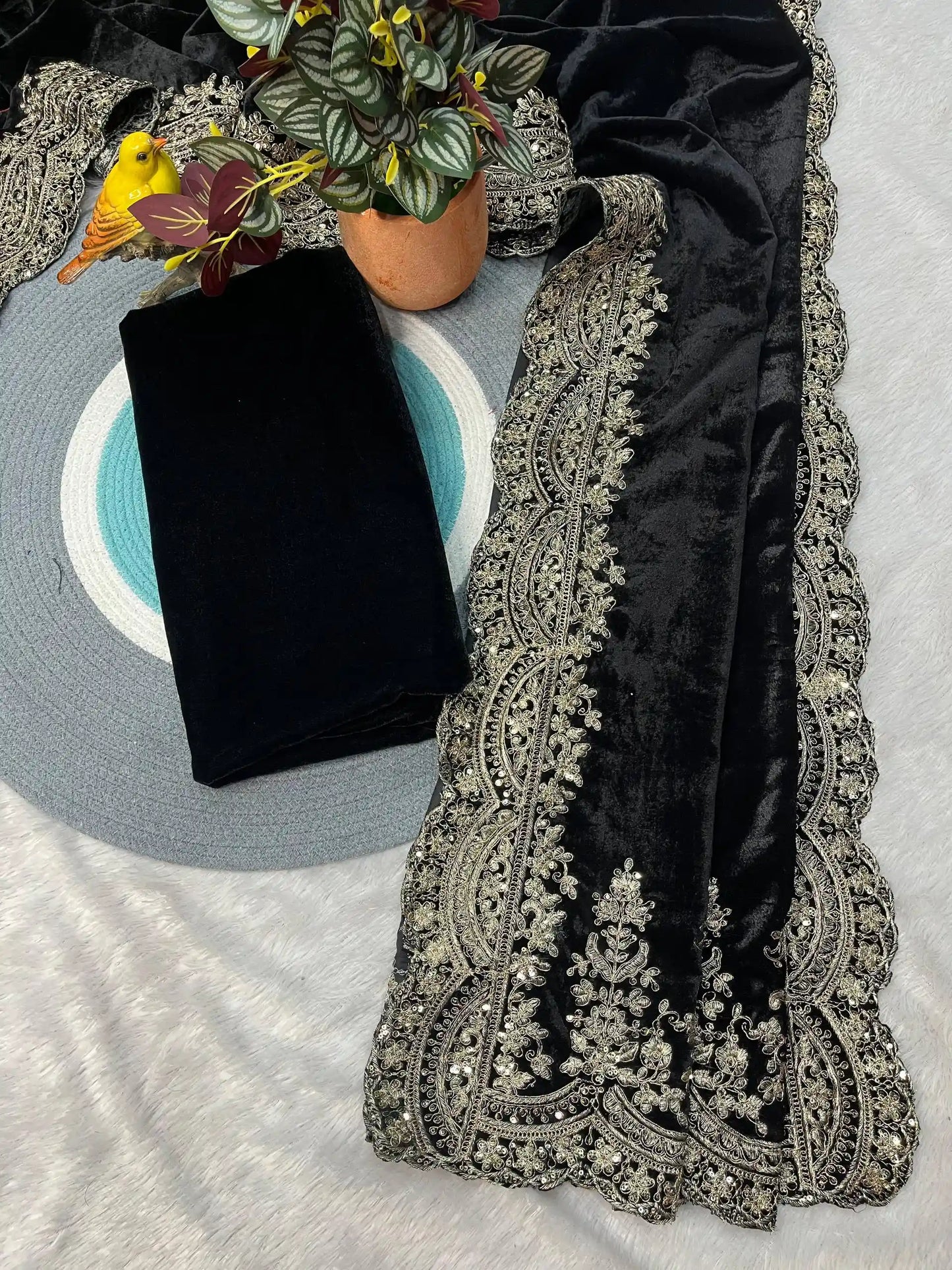 Designer Viscose Velvet Saree with Sequins & Jari Dori Embroidery | Winter Special – 6043