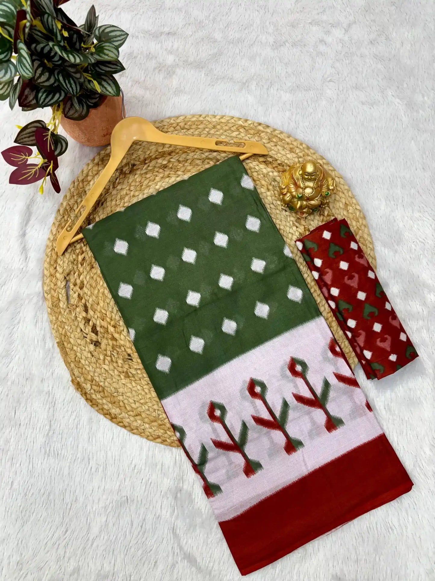 Traditional Hand Block Mulmul Cotton Saree | Ikkat Print Pure Cotton Saree – AANGAN