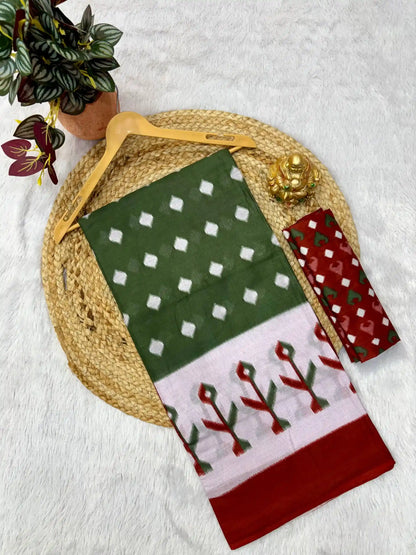 Traditional Hand Block Mulmul Cotton Saree | Ikkat Print Pure Cotton Saree – AANGAN