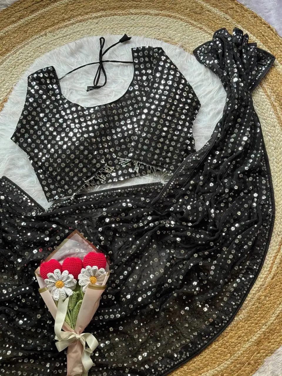 Soft Georgette Saree with Heavy 5mm Sequin Embroidery, Lace Border & Piping - DOLLEE