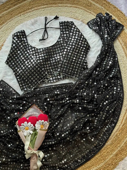 Soft Georgette Saree with Heavy 5mm Sequin Embroidery, Lace Border & Piping - DOLLEE