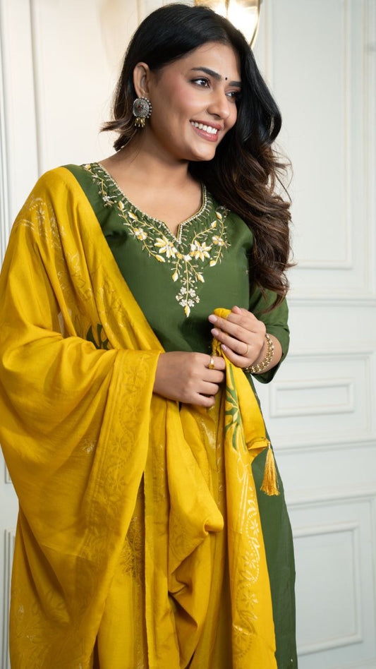 Premium Roman Silk Designer Kurti Pant Dupatta Set
