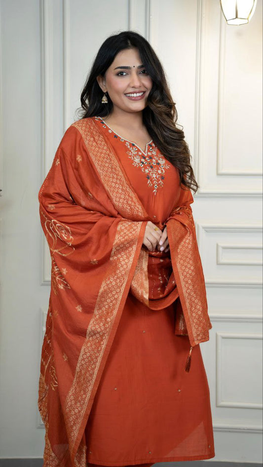 Premium Roman Silk  New Designer Kurti Pant Dupatta Set