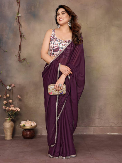 Star Georgette Silk Solid Saree with Mirror Lace