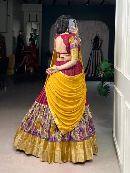 NITRIYA Poly Chanderi Kalamkari Print Lehenga Choli with Zari Stripe & Georgette Dupatta