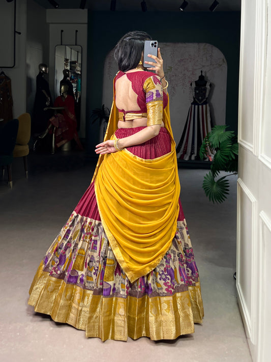 NITRIYA Poly Chanderi Kalamkari Print Lehenga Choli with Zari Stripe & Georgette Dupatta