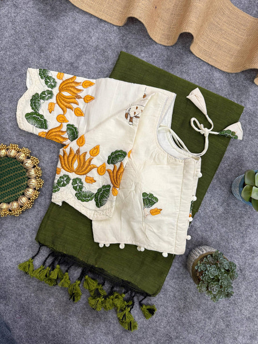 Khadi Cotton Heavy Embroidery with Aura Cotton With Designer Embroidery Blouse
