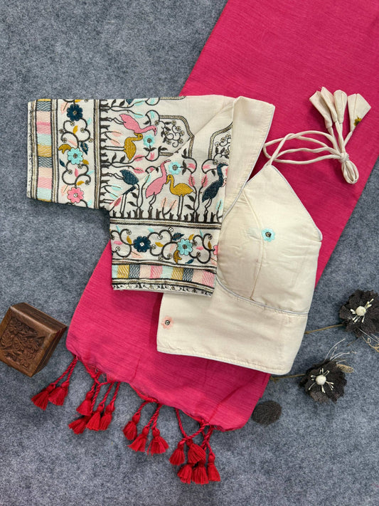 Khadi Cotton With Heavy Embroidery with Aura Cotton Blouse