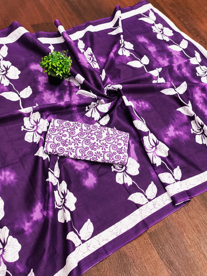 Floral Hand Print Mulmul Cotton Sarees