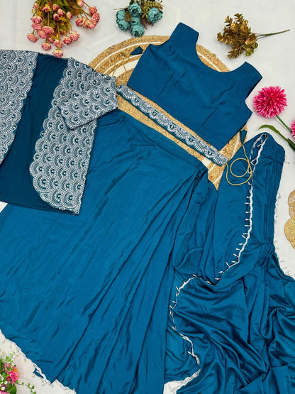 Chinnon Silk with Multi-Thread Embroidery Sequins Ready To Wear Saree With Koti