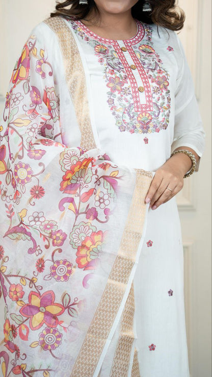 Roman Silk Multicolor Embroidery with Sequence Work Suit