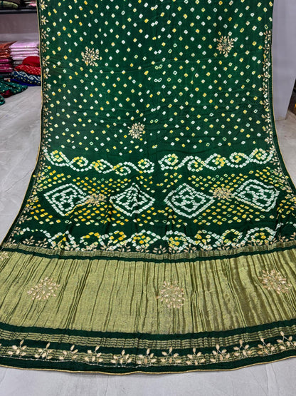 Bandhani With Pure Lagadi Patta With Hand Work Saree