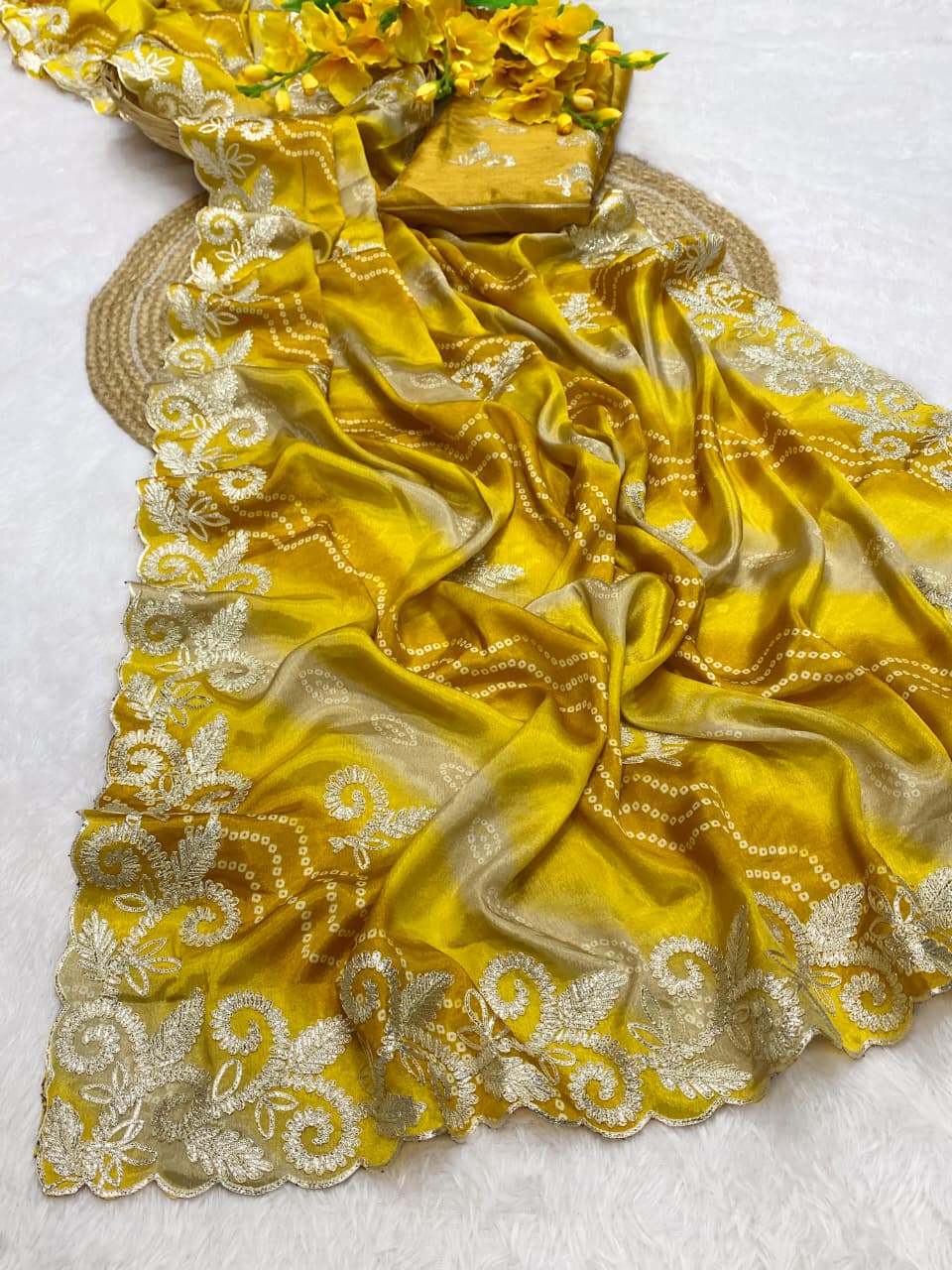 Chinnon sarees with complete Lehriya Bandhani print