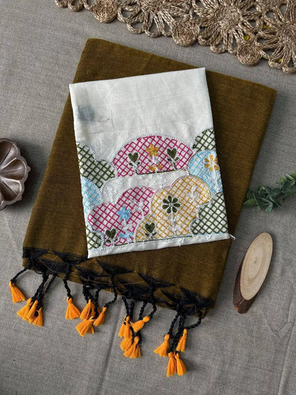 Handloom Khadi Cotton Saree with Embroidered Cotton Blouse EF-210