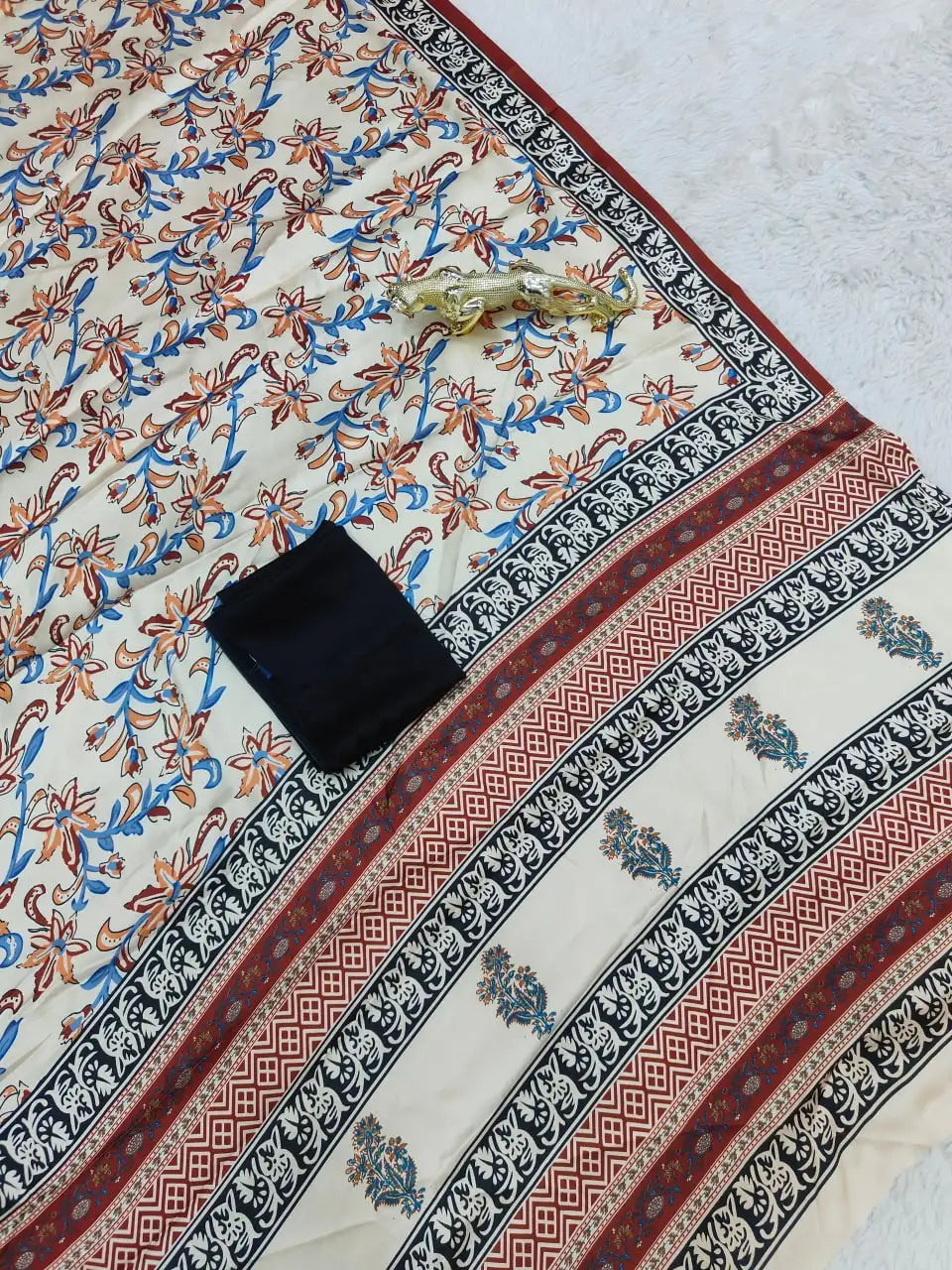 Ajrakh Print Semi Gajji Silk Saree with Rich Pallu & Contrast Blouse – SF-2302