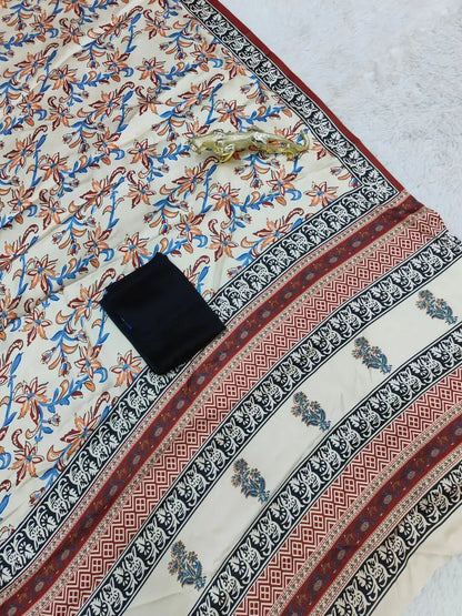 Ajrakh Print Semi Gajji Silk Saree with Rich Pallu & Contrast Blouse – SF-2302