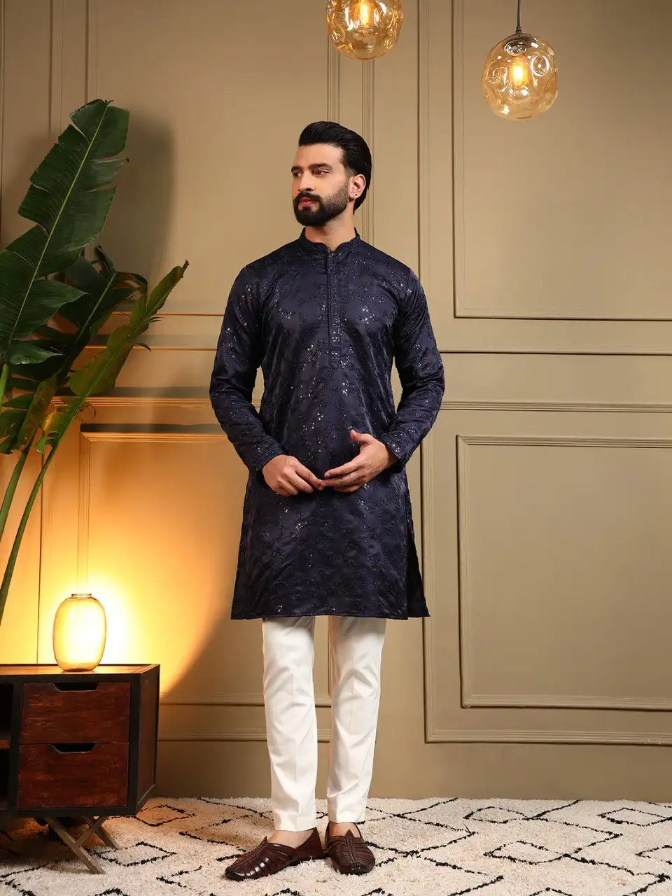 Men’s Royal Silk Kurta Pyjama Set Di No 126 with elegant embroidery sequence work, semi cotton chudidar, festive wedding ethnic wear