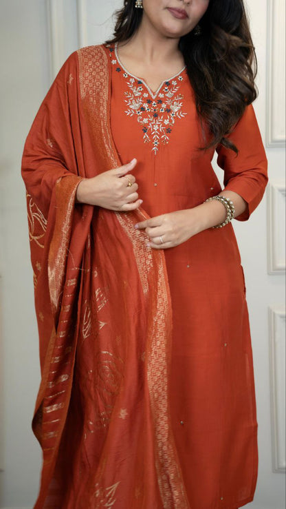 Premium Roman Silk  New Designer Kurti Pant Dupatta Set