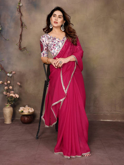 Star Georgette Silk Solid Saree with Mirror Lace