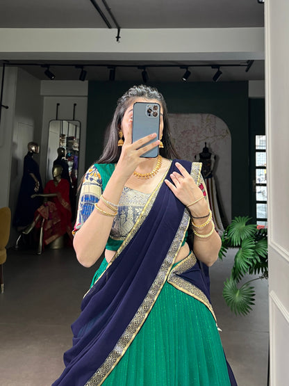 NITRIYA Poly Chanderi Kalamkari Print Lehenga Choli with Zari Stripe & Georgette Dupatta