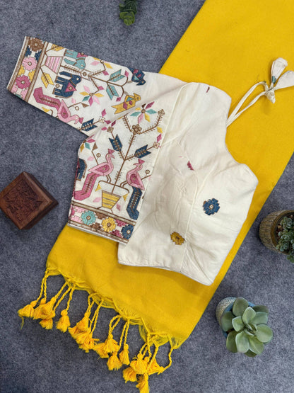 Handloom Khadi COTTON Saree With Peacock Design Blouse