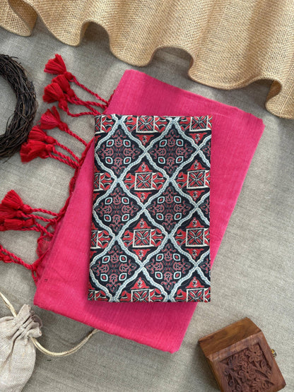 Khadi Cotton Saree  With Tassels And  Printed Blouse