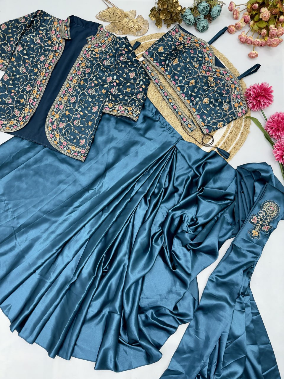 Diamond Satin Silk Ready To Wear Saree With Jacket