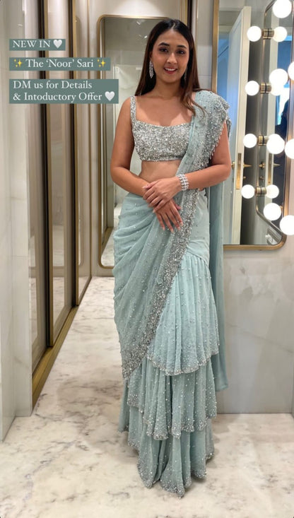 Georgette 3-Layer Ruffle with Attached Dupatta Ready To Wear Saree