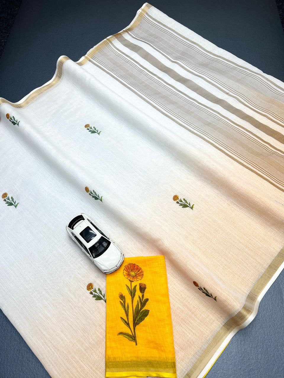 Linen Digital Print Saree with Gold Jari Border