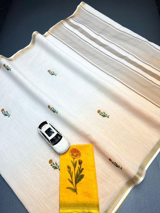 Linen Digital Print Saree with Gold Jari Border