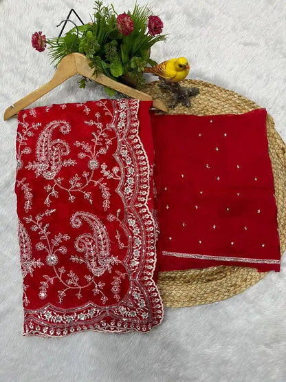 Designer Bollywood Fandy Satin Silk Saree – Embroidery & Sequins Work | Code 6033