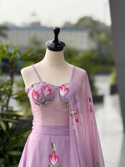 Hand Painted Pure Georgette Lehenga Set with Corset Blouse & Dupatta | Fully Stitched | SCnx 1189