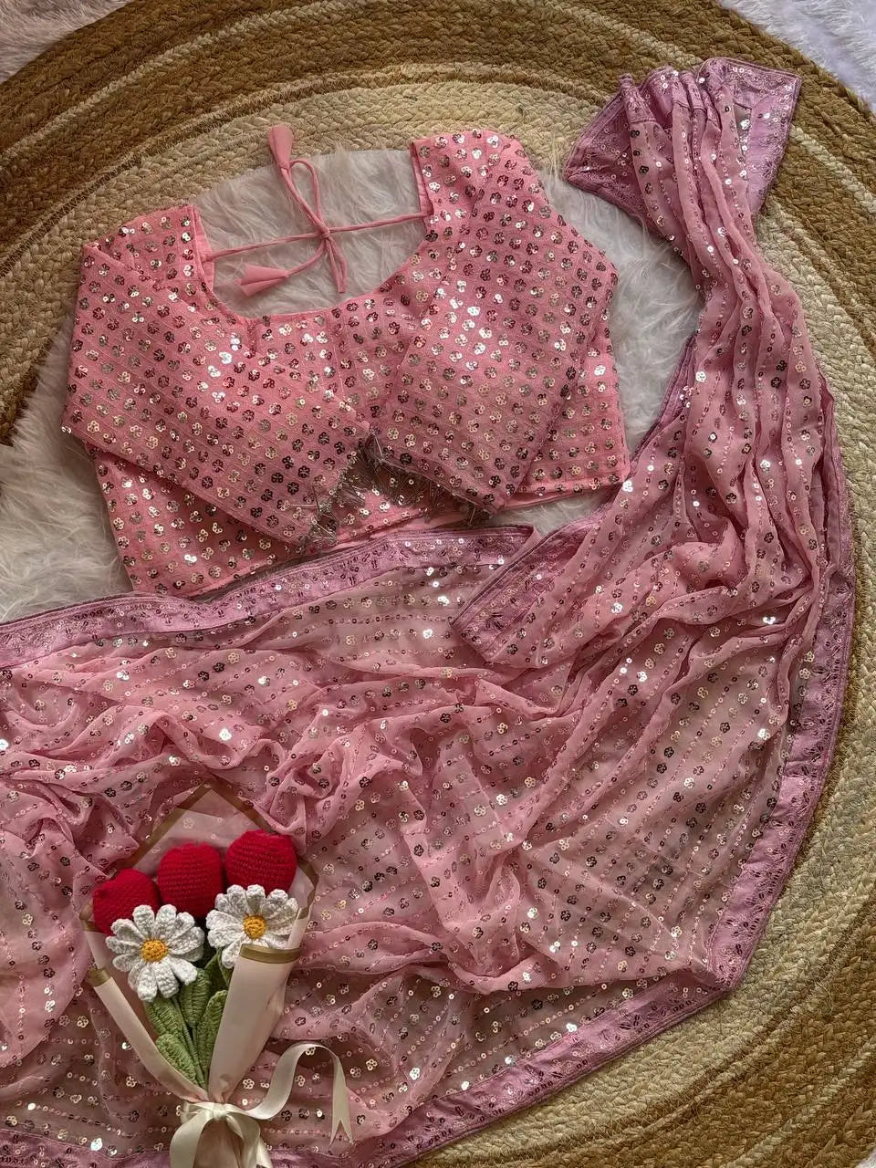 Soft Georgette Saree with Heavy 5mm Sequin Embroidery, Lace Border & Piping - DOLLEE