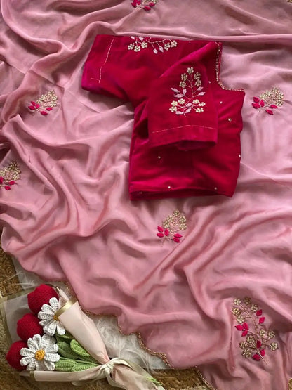 Soft Two Tone Rangoli Silk Saree with Flower Handwork Butta & Contrast 9K Velvet Blouse - REHANA