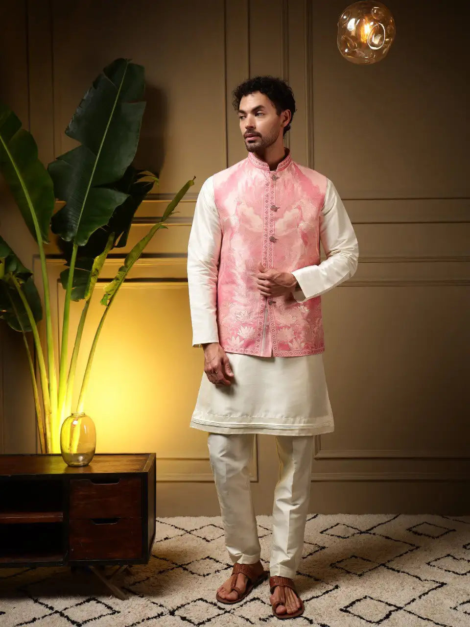 Mor Koti Set – Men’s Jacquard 3D Weaving Koti with Slub Silk Kurta & Pant | Premium Wedding & Festive Wear (3-Piece Set)