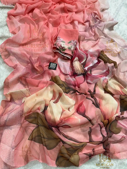 A91 Georgette Silk Digital Printed Saree with Crochet Work Border & Matching Blouse