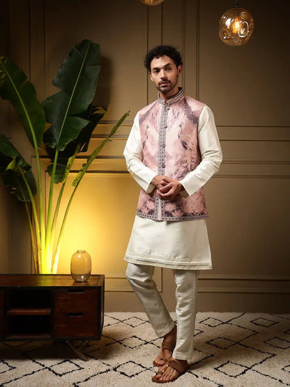 Mor Koti Set – Men’s Jacquard 3D Weaving Koti with Slub Silk Kurta & Pant | Premium Wedding & Festive Wear (3-Piece Set)