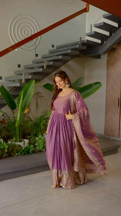 Party Wear Gown with Embroidery & Dupatta