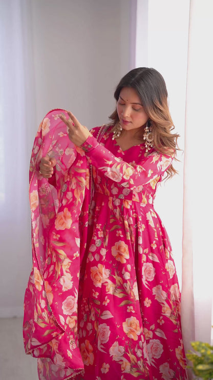 Organza Silk Print Anarkali Dupatta Set