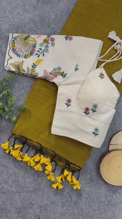 Khadi Cotton With Heavy Embroidery with Aura Cotton Blouse