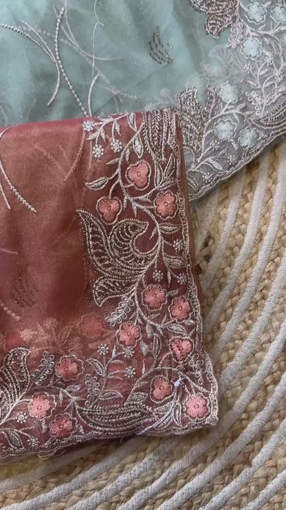 Pure Tissue Silk in solid color Saree With Embroidery viscose thread work with zarkhan