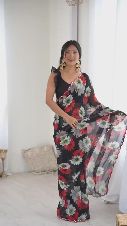 Printed Georgette Silk Saree with Mirror Work Border