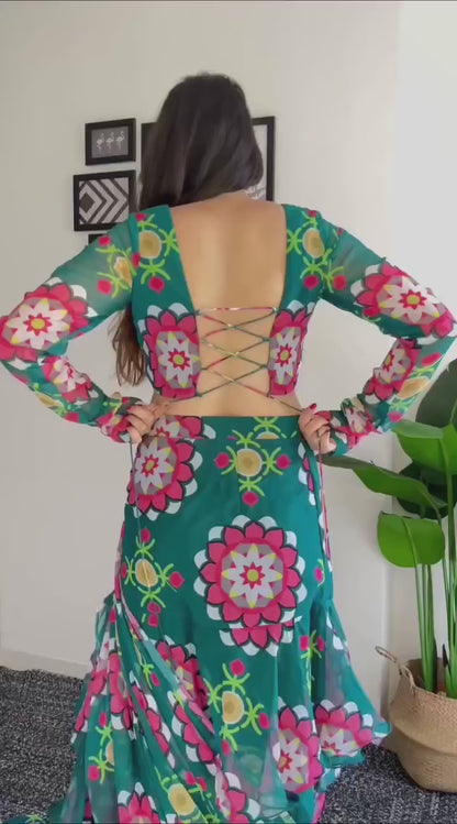 Georgette with Digital Print Ready To Wear Lehenga Saree