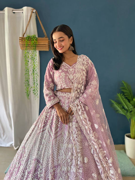 Heavy Mono Net Pure Bitts Pearl Design Work Lehenga