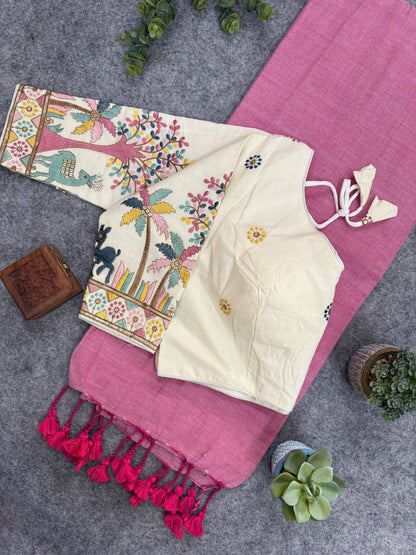 Handloom Khadi COTTON Saree With Peacock Design Blouse