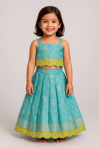 Soft Silk With Pure Zari Waving Fabric Kids Silk Lehenga Choli with Jacquard Weaving & Embroidery Lace