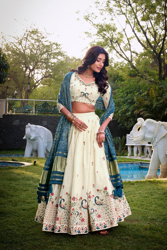 Teal Blue Khadi Cotton Sequins and thread embroidery
